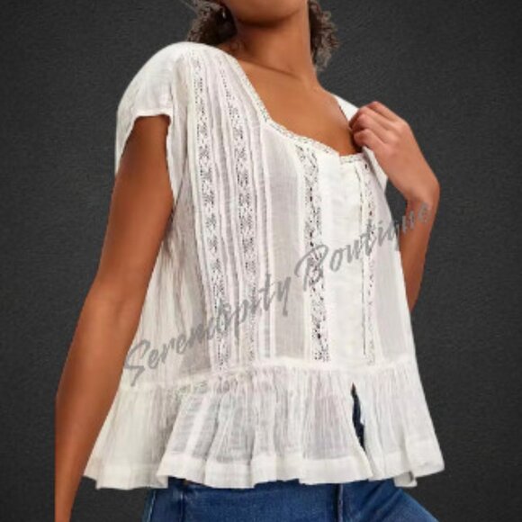 Tops - LAST ONE Linen Lace Breezy Oversized Drop Shoulder White Peasant Cotton Blouse